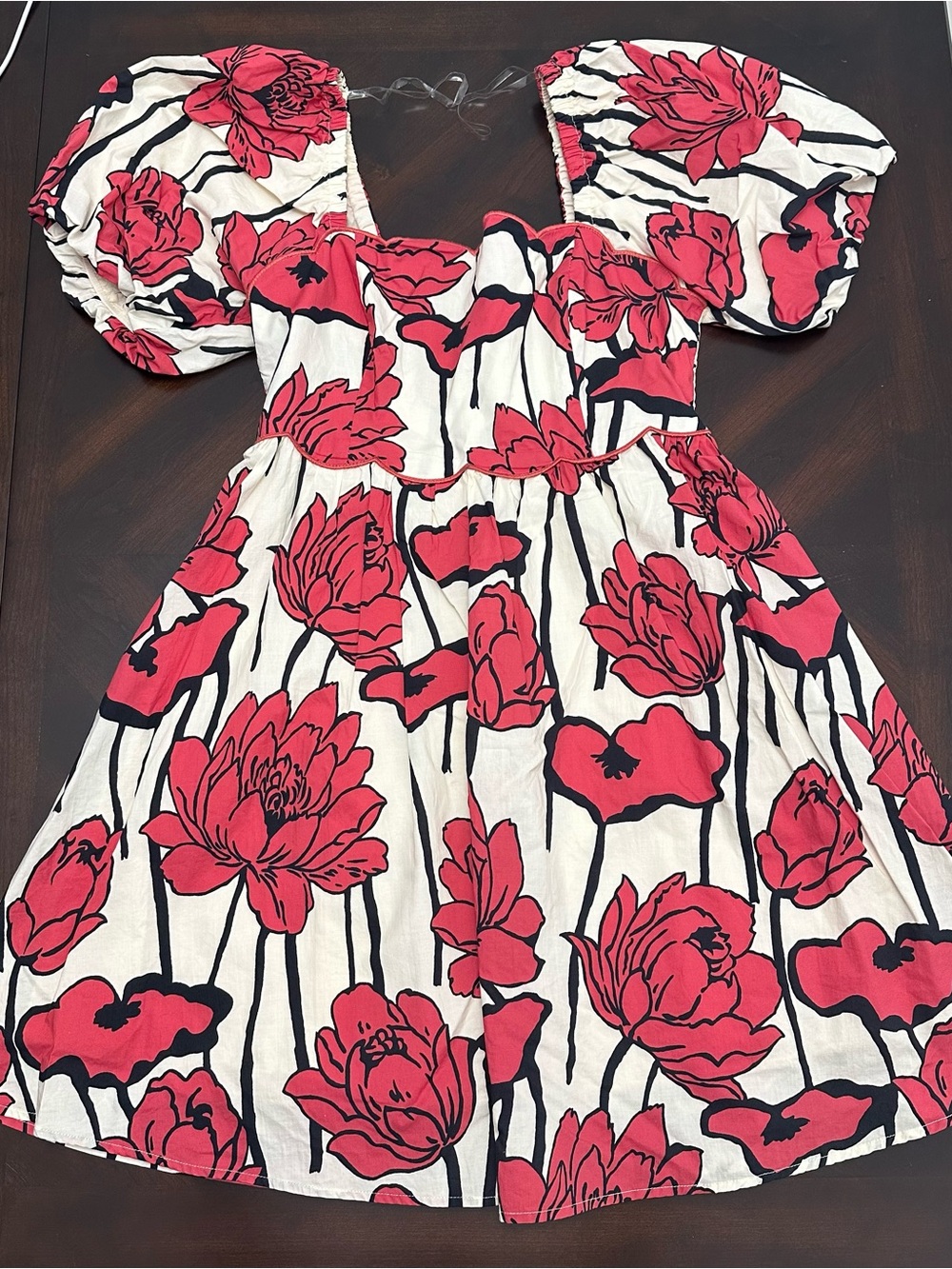 Women’s Cream Red Floral Puff-Sleeve Fall Dress